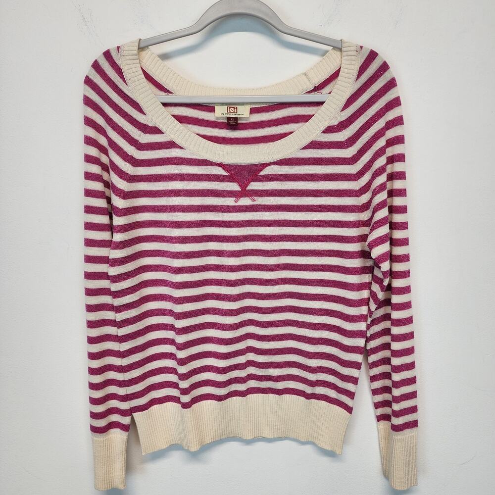 LEI Womens Metallic Stripe Sweater Sz Junior XL Pink Long Sleeve Scoop Neck Y2K